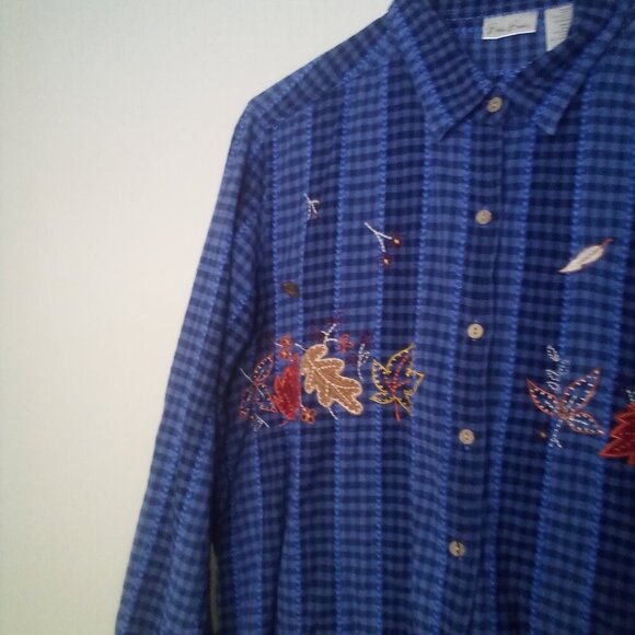 Bobbie Brooks Shirt L Women Long Sleeve Fall Leaves Button Up Plaid Blue - Picture 11 of 15